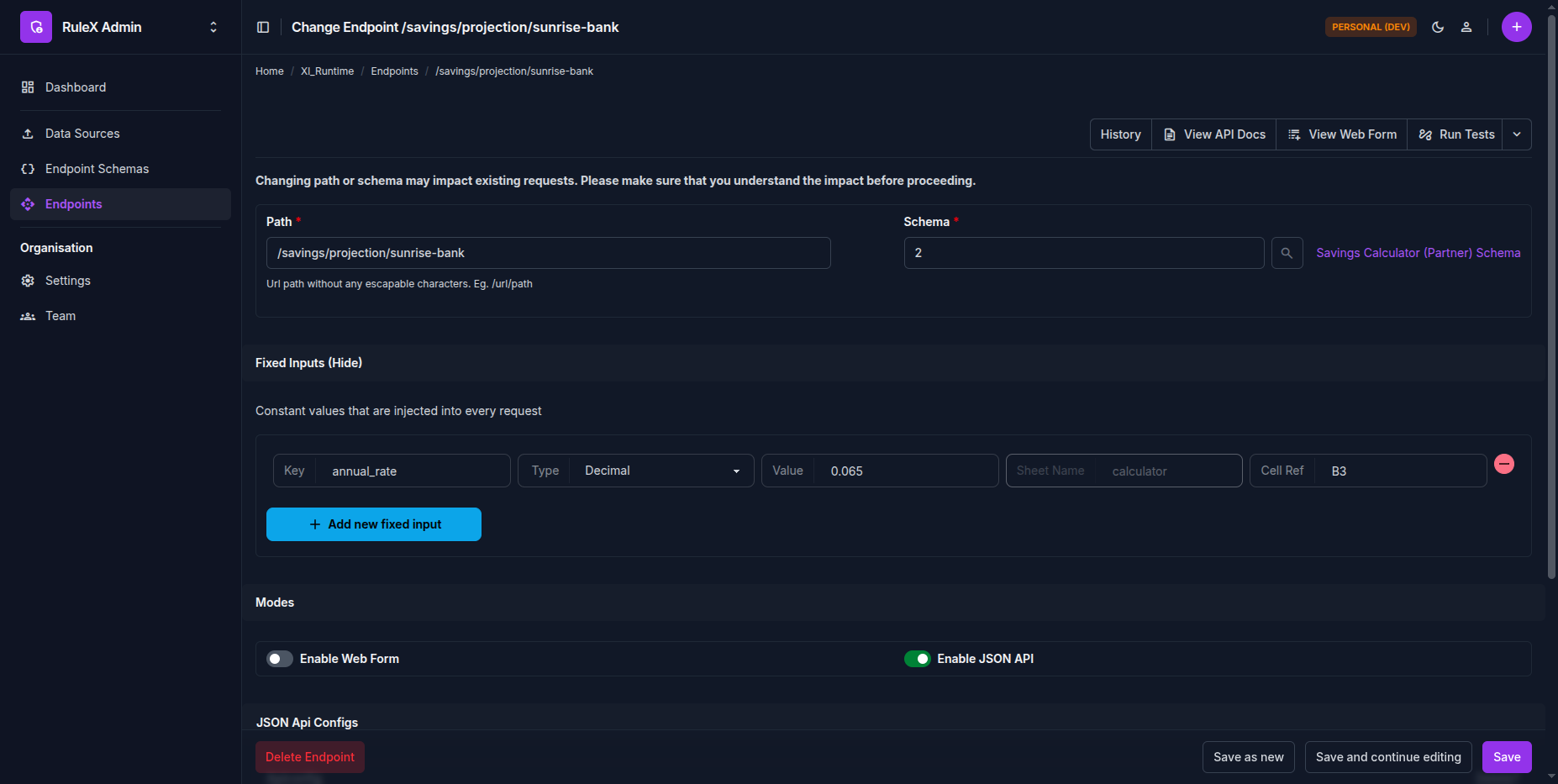 Fixed input configured on the Endpoint