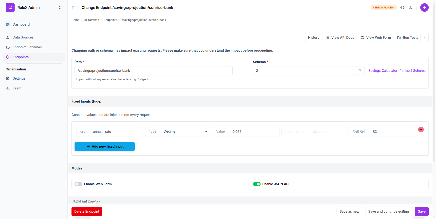 Fixed input configured on the Endpoint